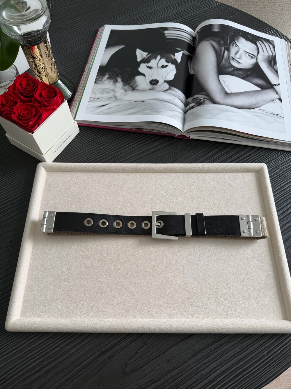 Dolce & Gabbana Canvas Leather Belt IT 42 Black Beige Silver Tone Made in Italy